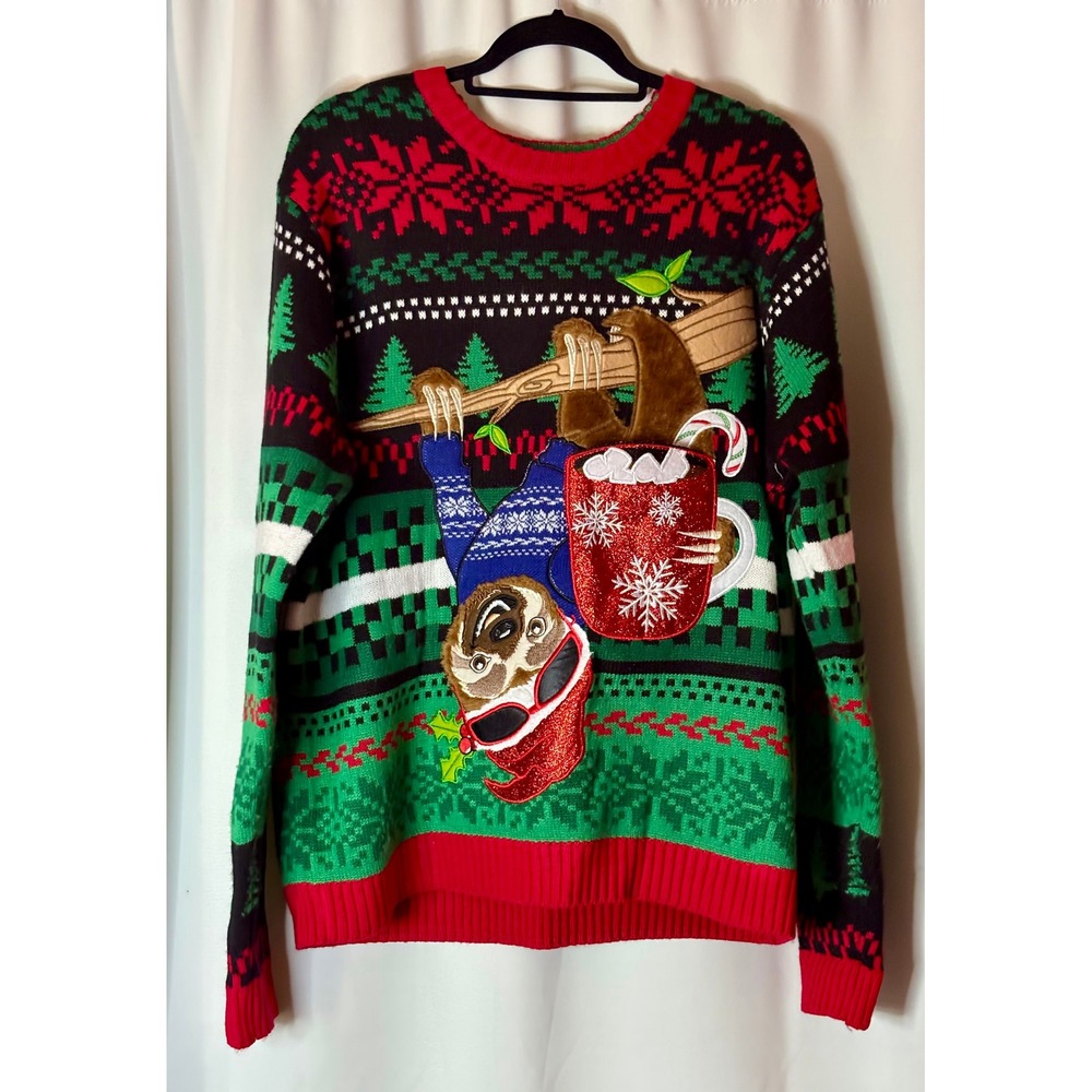Blizzard Bay Mens XL Funny Ugly Christmas Sweater Santa Sloth Pocket Fair Isle